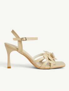 CUCCOO CHICEST Zapatos de mujer con flores tridimensionales multicolor, punta cuadrada, tacón de aguja y hebilla, sandalias de estilo dama suave, modelos de primavera y verano adecuados para citas - Albaricoque A - Ver 3