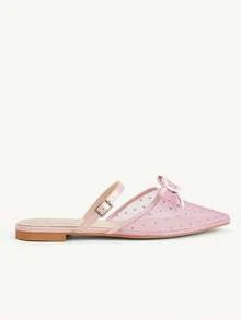 CUCCOO CHICEST Polka Dot Mesh Bow Pointed Slippers Women's New Flat-Bottomed Mueller Shoes Fall Shoes - Pink - View 5