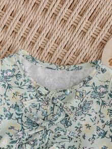 Newborn Baby Girl Vacation Casual Cute Floral Pattern Bow Tank Top & Shorts Set - Mint Green - View 8