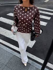 Siren Gaze Womens Elegant Polka Dot Blouse Boat Neck Long Lantern Sleeve Peplum Top With Waist Tie Detail For Daily Wear - Brown - View 9