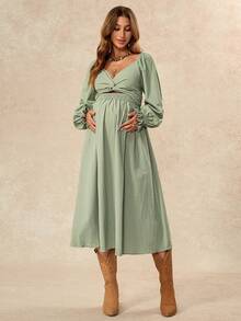 Boho Mama Maternity Solid Color Twisted Design Long Sleeve Elegant Maternity Casual Dress Beach Photoshoot Photoshoot Sage Green Autumn Fall - Green - View 6
