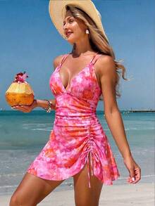 Swim Lushoire 女款夏季海灘穿搭 花卉印花抽繩交叉肩帶 V 領抓皺裙褲 性感度假泳裙 - 粉色 - 查看 5