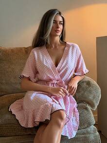 DAZY Women's Polka Dot Print Ruffle Hem Nightgown - Pink - View 4