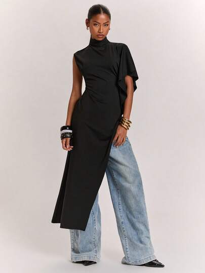 SHEIN BAE Dam casual pendlartopp med liten ståkrage, asymmetrisk fåll, lång T-shirt, enfärgad svart, ärmlös, lång topp, svart topp, lämplig för vardaglig pendling och dagligt bruk, svart kortärmad topp, svart lös asymmetrisk topp