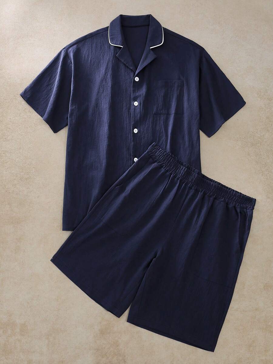 SHEIN 男士英式休閒居家服套裝 - 藏蓝色 - 查看 1