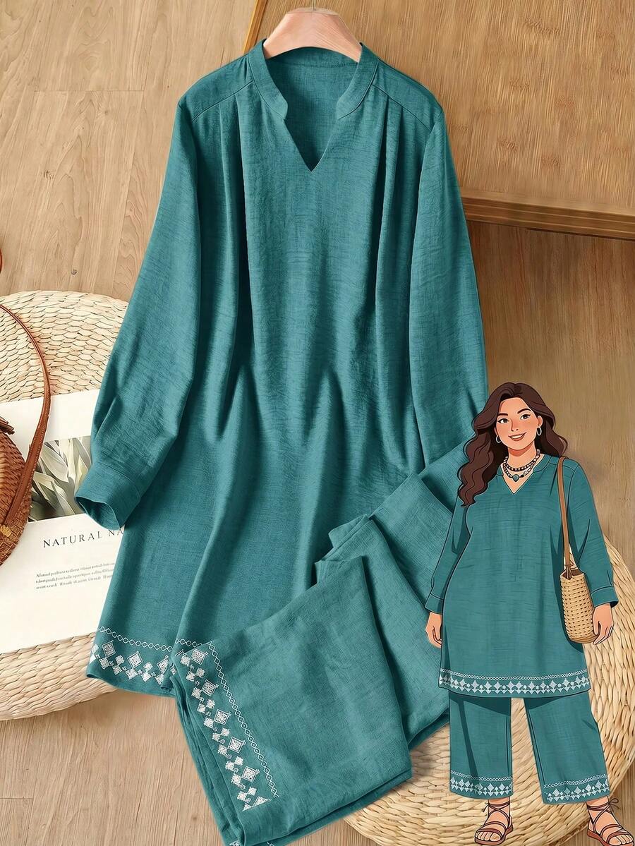 Rusticease Plus Size Minimalist Traditional Conservative Modest Embroidered Textured Dress Loose Casual Pants 2 Pieces Set Formal Vacation Teal Autumn Fall - Teal Blue - View 1