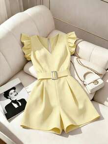 Selianne Women's New Woven Black V-Neck Flutter Sleeve Metal Button Decor Waist Cinched Casual Commute Jumpsuit - Yellow - View 6