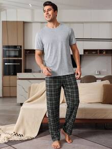SHEIN Provexi 男士純色短袖上衣與格紋長褲居家休閒套裝 - 淺灰色 - 查看 7