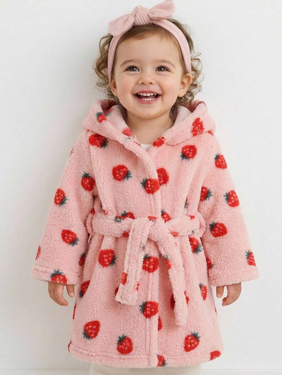 Cozy Pixies 女嬰水果圖案圓領長袖綁帶毛絨睡袍,幼女毛絨浴袍,吸水防寒睡衣外罩,幼女服飾,舒適百搭時尚日常可愛簡約基本款,秋冬季節,適合室內、戶外休閒、滑雪、開學、日常、運動、玩耍、派對、節慶 - 淺粉色 - 查看 1