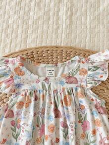SHEIN LMoss Kids Baju Terusan Bayi Perempuan Baru Lahir Lucu untuk Musim Panas, Kasual, Motif Bunga, Lengan Bergelombang - MultiWarna - View 4
