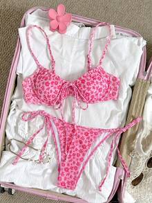 Swim Mod Conjunto de bikini de mujer para vacaciones de primavera/verano con estampado floral pequeño, soporte frontal, cintura con cordón y cordón lateral - Multicolor - Ver 3