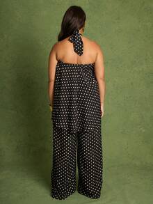 FASHION SZN 大尺碼 2 件式圓點掛脖上衣與寬腿長褲套裝 夏季同色系婚禮賓客穿搭 賽馬日穿搭 俐落優雅時髦 夏季度假風 高雅 - 黑與白 - 查看 2