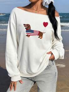 SHEIN EZwear 休閒極簡風臘腸狗愛心印花女款露肩寬鬆長袖白色衛衣，適合春夏初秋 - 白色 - 查看 5