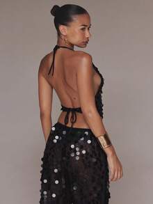 MUSERA Sequin Halterneck Crop Top Knitted V Hem Fitted Top Ibiza Holiday Vacation Beach Boho Western Isle Festival Ibiza Rave Going Out Club - Black - View 2