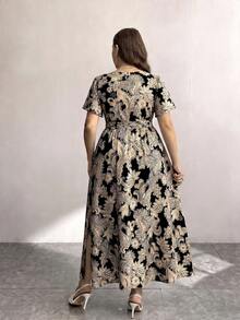 Modelyn Casual Elegant Minimalist Retro Floral Pattern Loose Plus Size Dress Suitable For Summer Vacation Black And White - Multicolor - View 2