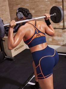 Powerista Conjunto de sujetador deportivo sin costuras azul marino & naranja con costuras de contraste + shorts deportivos ajustados para mujer - Azul Marino - Ver 10