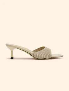 CUCCOO BASICS Ladies Knitted Apricot Stiletto Kitten Heel Sexy Mueller Slip-On Open Toe Toothed Tipped Breathable Summer Striped Women's Sandals Commuter - Apricot - View 2