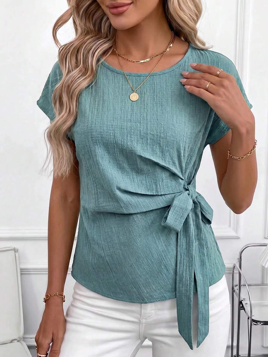 SHEIN Clasi Damen Bluse in Unifarbe mit Rundhalsausschnitt und Knoten-Design, lässig und vielseitig für den Alltag und Ausflüge - Grün - Übersicht 1
