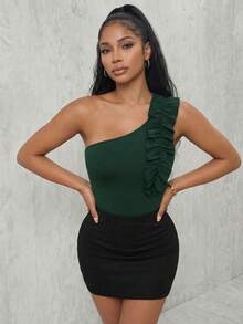 Eryvara Dark Green One Shoulder Ruffle Bodysuit, Asymmetrical Frill Detail, High Stretch Slim Fit, Bodycon Leotard, Y2K Sexy Top For Daily Layering Summer - Green - View 7