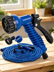 The Blue Telescopic Elastic Hose, Equipped With An Adjustable Nozzle, Is Suitable For Car Washing, Lawn Watering, Plant Care, And Pet Bathing. It Can Be Used All Year Round And Is Made Of Hose And Connector. - Blue - View 8