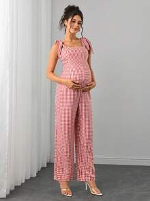SHEIN Jumpsuit Hamil Kasual Motif Kotak-kotak untuk Sehari-hari dengan Detail Simpul di Bahu - Merah - View 5