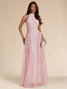 SHEIN BAE Spring/Summer Solid Dusty Pink Textured Jacquard Halter Neck Ruffle Trim Slim Fit Maxi Elegant Romantic Dress, Cocktail Bachelorette Party Formal - Apricot - View 7