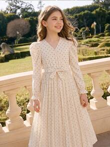SHEIN Tween Girl Polka Dot Long Sleeve US Fall Style Fall Outfits Fall Dress Dresses For Girls - Apricot - View 1