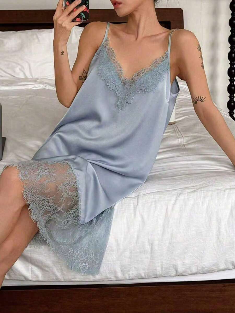 DAZY Camisón sin mangas de unicolor con parches de encaje, adecuado para pijama de verano - Azul - Ver 1