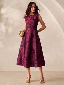 BELROSIE Vintage Mature French Elegant Women's Date Party Night Dinner Formal Official Dress, Embroidery Black Floral Jacquard Fabric, Sleeveless Summer - Red Violet - View 5