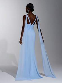 Elitara Elegant Formal Light Blue Chiffon Backless Halter Neck Ribbon Decoration Rhinestone Mermaid Skirt Party Night Evening Wedding Guest Dress Winter - Baby Blue - View 2