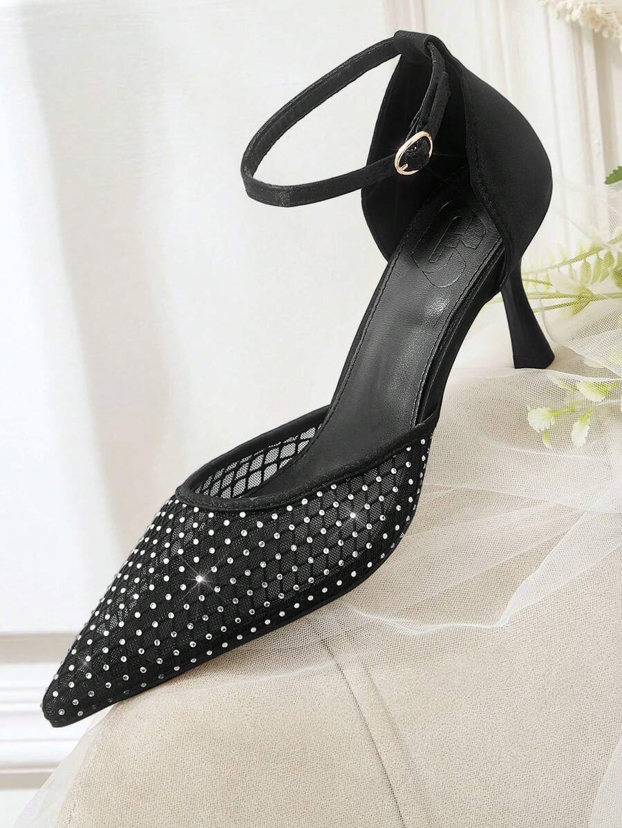 CUCCOO HITCHD Spring And Summer Rhinestone Mesh Splicing Pointed Stiletto Dinner Wind Mesh Satin - Black - View 1