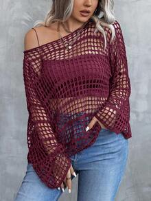 Elenzga Plus Size Women Spring/Autumn Casual Loose Knit Top With One-Word Collar, Hollow Out Sexy Bell Sleeves, Semi-Sheer Black Pullover Sweater - Red Violet - View 4