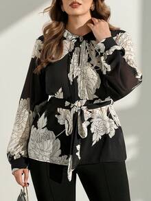 Chikora Plus Size Elegant Commuter Floral Print Blouse,Graduation Outfit For Mother - Multicolor - View 6