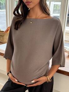 Dazy Maternity Sweater Hamil Lengan Pendek Kasual Warna Polos Longgar untuk Pemakaian Sehari-hari di Awal Musim Gugur - Khaki - View 3