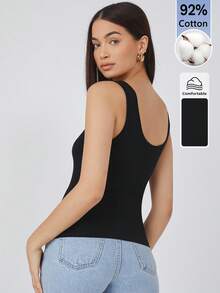 SHEIN BASICS 女款純色修身百搭休閒上衣 - 黑色 - 查看 5