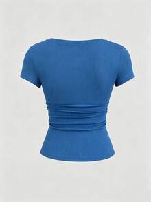 Sweetra Streetwear Women's Half-Open Cuff Eyelet Decor Lace 2 In 1 Short Sleeve Solid Color T-Shirt - Royal Blue - View 2