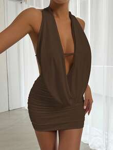 Femesol Vestido elegante de verano ajustado para fiesta con cuello de lazo y volantes para mujer - Café integral - Ver 3