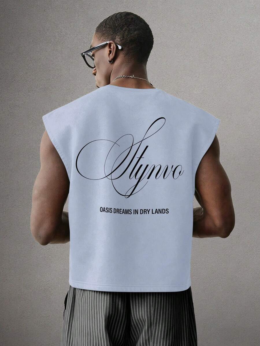 STYNVO 男士夏季休閒字母印花背心 - 藍色 - 查看 1