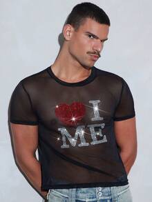 FeverCity Men's Rhinestone Letter Mesh Crew Neck Short Sleeve Top - Black - View 1