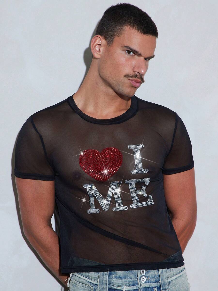 FeverCity Men's Rhinestone Letter Mesh Crew Neck Short Sleeve Top - Black - View 1