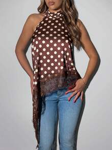 SHEIN ICON Women's Summer Brown And White Polka Dot Backless Satin Elegant 70s Retro Print Lace Patchwork Halter Top Date Night Cocktail Party - Brown - View 5