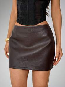 SHEIN PETITE Women's Fashionable Sexy Solid Color Mini Skirt, Suitable For Commuting ,Petite Women - Coffee Brown - View 5