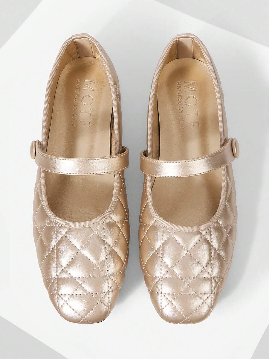 MOTF WOMEN'S QUILTED SQUARE TOE FLAT SHOES FOR CHRISTMAS DAILY WEAR CLASSIC OLD MONEY - Gold - View 1