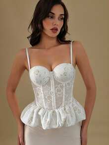 Glamine Sexy Elegant Lace Patchwork Underwire Corset Top With Peplum Hem Tie Waist Party Night Out Date Night White And Gold Summer Wedding - White - View 3