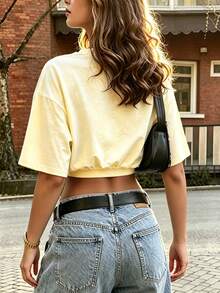 Rovax Loose Fit Cropped Round Neck Drop Shoulder Short Sleeve Top - Multicolor - View 2
