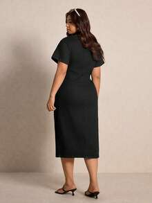 Elaquor Plus Size Women's Short Sleeve Single-Breasted Casual Denim Dress - Black - View 3