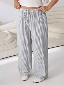 Solflare Pantalones largos de mujer talla grande con rayas, bloques de color, cintura con cordón y bolsillos para primavera/verano - Multicolor - Ver 3