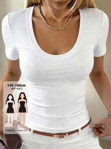 Livesso Petite 女款休閒百搭簡約極簡端莊純色短袖T恤，適合夏季小個子日常白天穿著，全白色 - 白色 - 查看 1