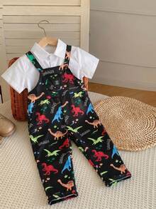 SHEIN Lockerer, bequemer Jumpsuit für kleine Jungen, lässiger, süßer Stil, geeignet für Schule, Sport und Outdoor-Aktivitäten, passend für Jungen von 4 bis 7 Jahren. Cargohose für Kleine Jungen mit süßem Dinosaurier-Muster - Schwarz - Übersicht 3