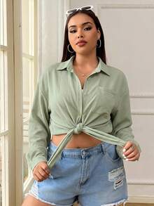 SHEIN EZwear Kemeja Wanita Ukuran Besar Warna Hijau Mint dengan Tekstur dan Kantong, Model Kancing Tunggal - Mint Green - View 6